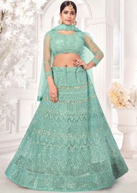 Turquoise Embroidered Bridesmaid Net Lehenga Choli