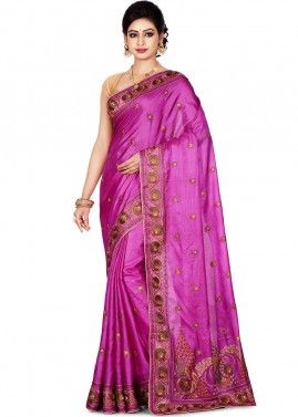 Purple Pure Silk Embroidered Saree