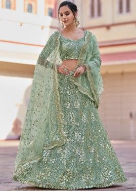 Sequins Embellished Green Lehenga Choli In Net