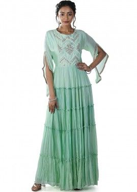 Turquoise Ruffled Readymade Embroidered Gown