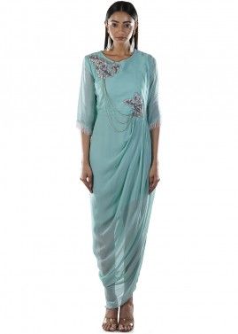 Blue Embroidered Readymade Draped Gown