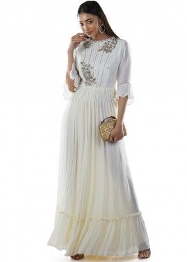 Readymade White Embroidered Bell Sleeves Pleated Gown 