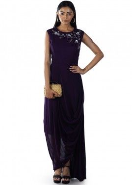 Readymade Purple Floral Embroidered Draped Gown