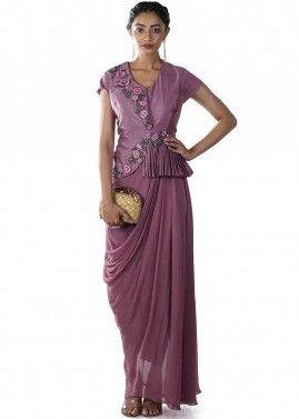 Pink Floral Embroidered Peplum Jacket Style Draped Gown