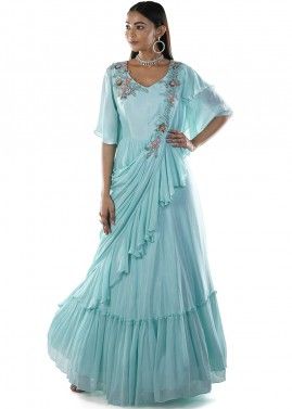 Turquoise Embroidered Peplum Gown With Frilled Dupatta