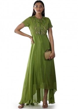 Readymade Green Asymmetric Embroidered Gown 