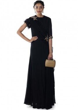 Black Hand Embroidered Feathered Sleeves Gown
