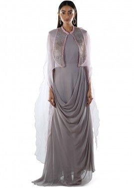 Readymade Grey Draped Gown With Embroidered Cape