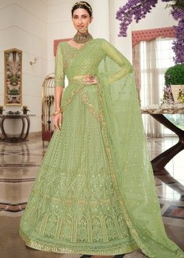 Green Bridesmaid Embroidered Lehenga Choli With Belt