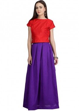 Purple Pleated Readymade Long Skirt With Top