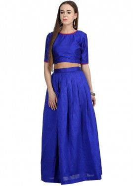 Blue Pleated Flared Dupion Silk Skirt With Top