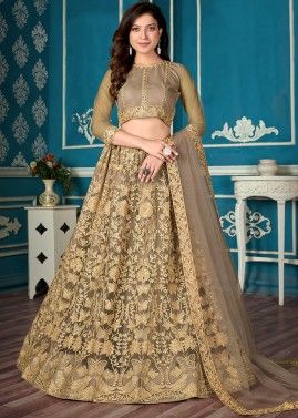 Sequins Embroidered Brown Lehenga Choli In Net