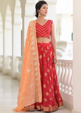 Red Readymade Woven Art Silk Lehenga Choli