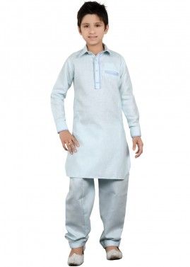 Readymade Light Blue Kids Linen Pathani Suit