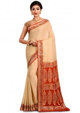 Beige And Red Woven Silk Saree