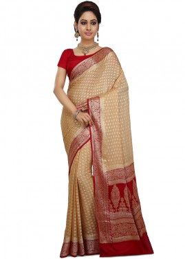 Beige And Maroon Woven Saree In Silk 