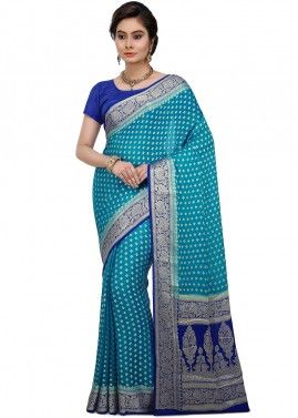 Sky Blue And Royal Blue Woven Silk Saree