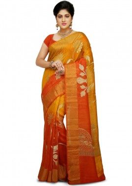 Yellow And Orange Woven Silk Saree