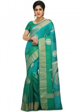 Turquoise And Sea Green Woven Silk Saree