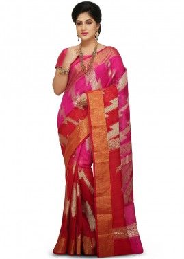 Pink And Maroon Woven Saree In Silk