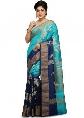 Turquoise And Navy Blue Woven Silk Saree