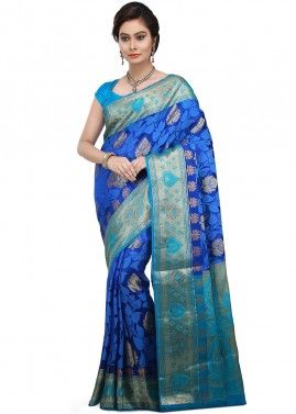Royal Blue And Sky Blue Woven Silk Saree