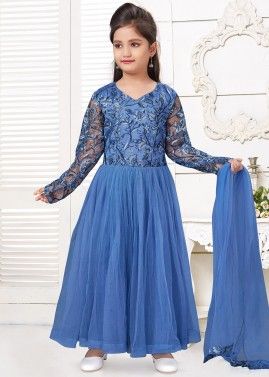 Blue Readymade Embroidered Net Kids Anarkali Suit