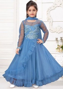 Blue Embroidered Layered Asymmetric Kids Gown Style Suit