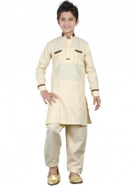 Readymade Cream Kids Linen Pathani Suit