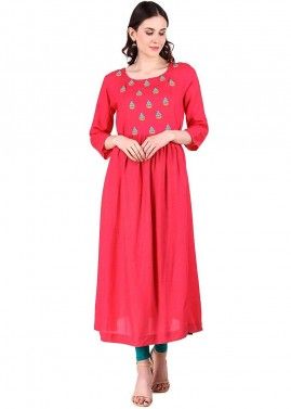 Red Embroidered Flared Kurta With Bottom