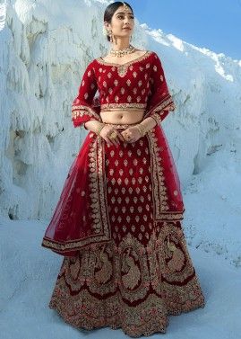 Red Bridal Velvet Lehenga Choli With Dupatta