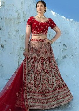 Red Floral Embroidered Bridal Lehenga Choli In Velvet
