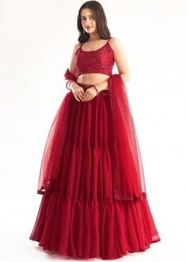 Red Readymade Tiered Lehenga Choli In Georgette
