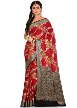 Red And Black Woven Pure Silk Saree