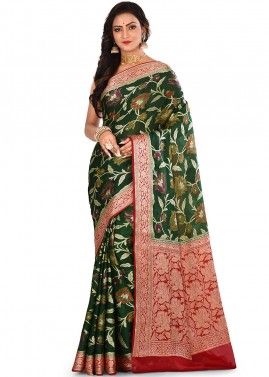 Bottle Green And Red Woven Pure Silk Saree