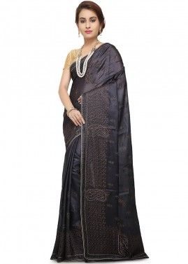 Black Pure Silk Resham Embroidered Saree