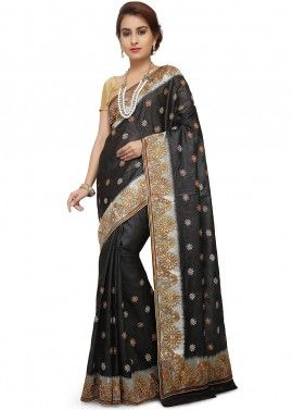 Embroidered Black Pure Silk Saree With Blouse
