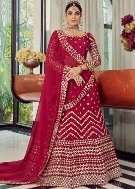 Red Mirror Embroidered Georgette Lehenga Choli With Dupatta