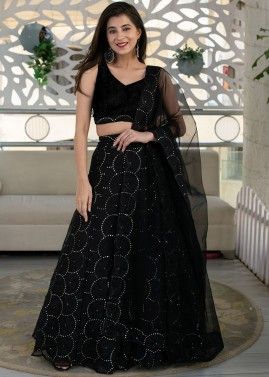 Buy Women Black And Gold Sequinned Lehenga Set With Strappy Blouse And Foil  Work Dupatta - Wedding Wonder - Indya