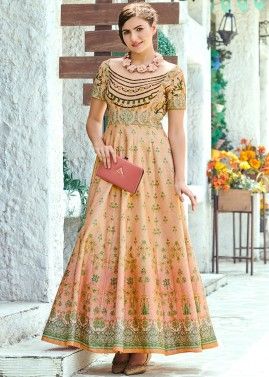 Peach and Beige Shaded Floral Digital Print Indowestern Gown