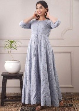 Blue Printed Readymade Casual Dress In Chanderi