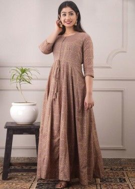 Brown Printed Readymade Chanderi Dress