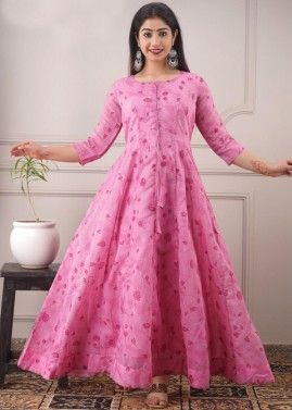 Readymade Pink Chanderi Dress With Floral Print