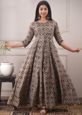 Flared Readymade Printed Chanderi Dress In Grey