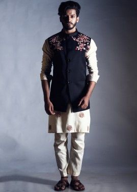 Black Embroidered Readymade Nehru Jacket