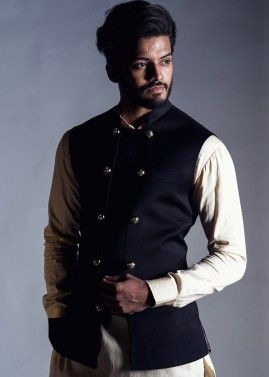 Black Asymmetric Readymade Nehru Jacket