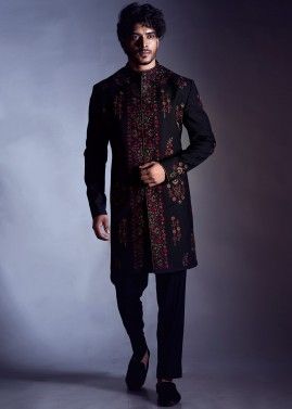 Black Cotton Indo Western Sherwani with Trouser 