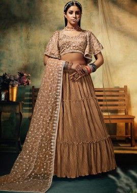 Golden Tiered Georgette Lehenga With Embroidered Choli