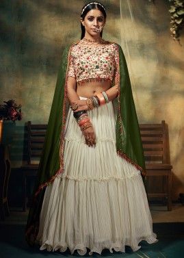 White Tiered Georgette Lehenga With Embroidered Choli