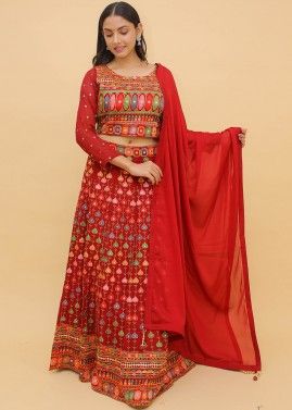 Readymade Red Embroidered Lehenga Choli In Georgette